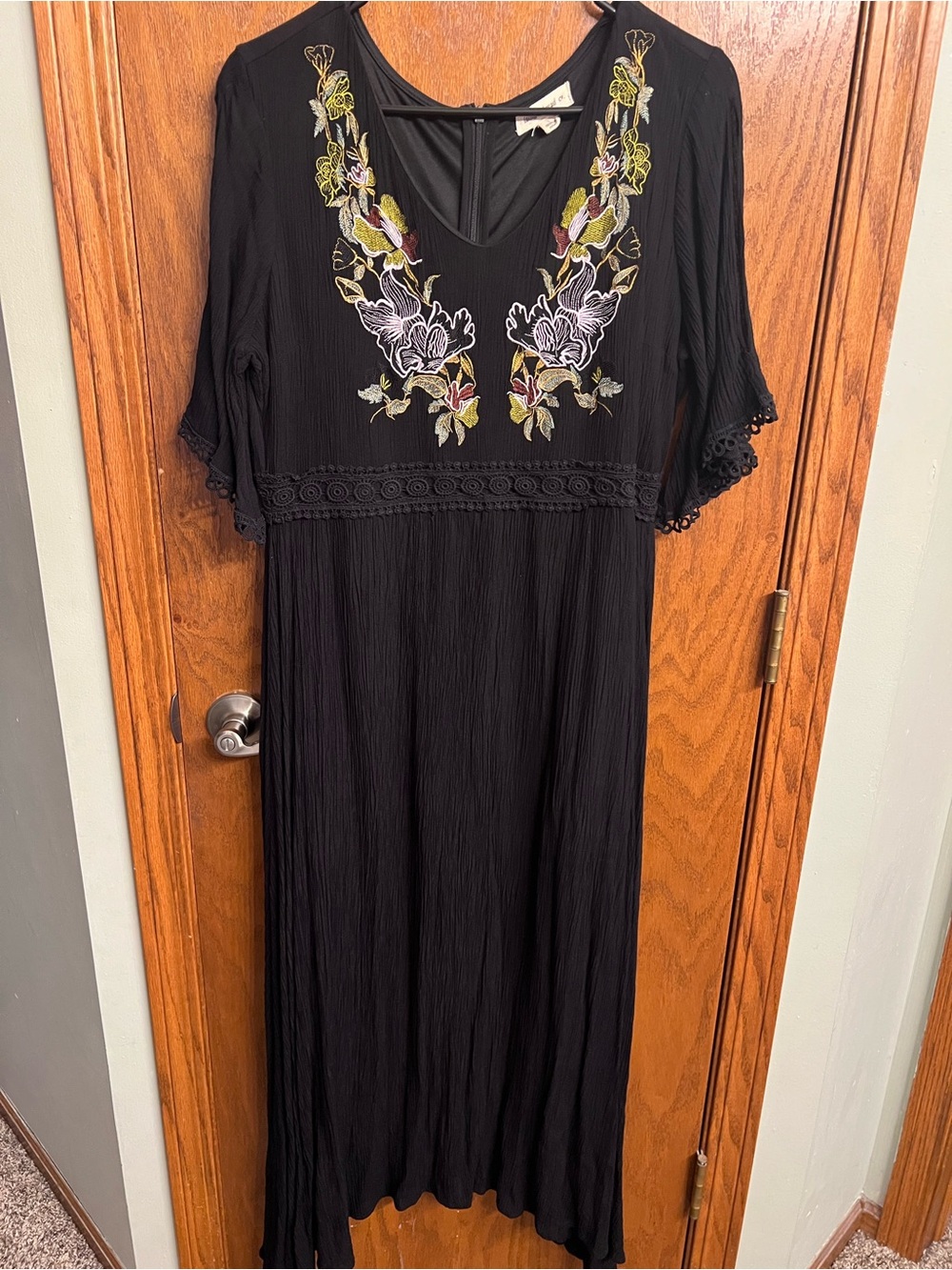 Black Embroidered V-Neck Maxi Dress with Floral Accents